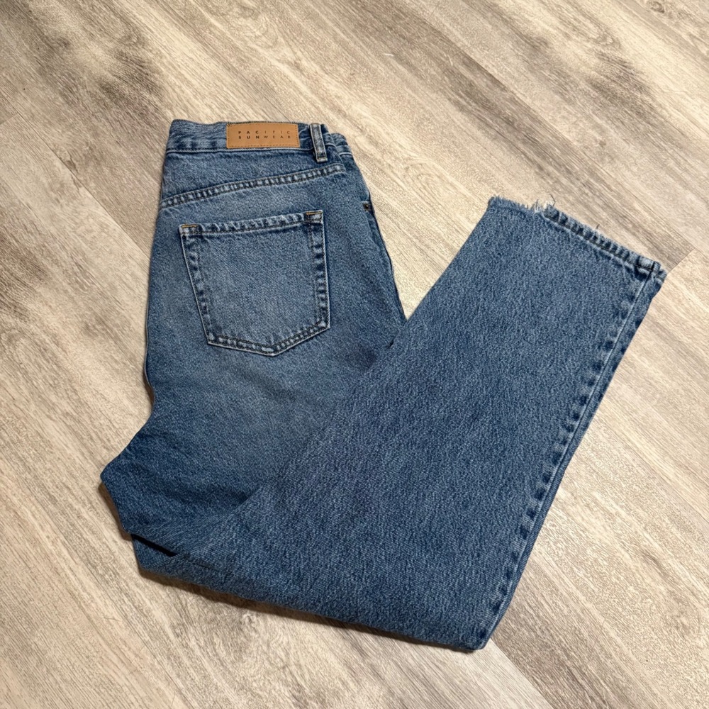 Pacsun Sunwear Jeans Blue Denim Button Fly High Rise Ripped Straight Leg Size 28